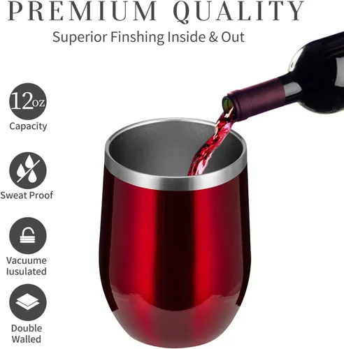 Miniatura 2 de MEWAY Vaso de vino sin tallo de 12 onzas con tapa, vaso de viaje de acero inoxidable con aislamiento de doble pared al vacío con popote, para Borgoña