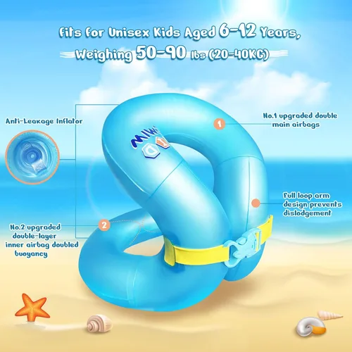 Miniatura 4 de Chaleco de natación para niños de 33 a 88 libras, flotadores inflables portátiles para piscina, anillo de natación con hebilla de seguridad Azul