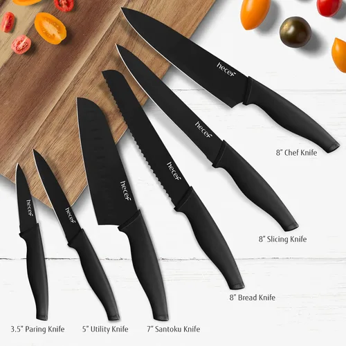 Miniatura 5 de hecef Juego de 6 cuchillos de óxido negro con funda protectora a juego, cuchillos de cocina resistentes a los arañazos y a prueba de óxido, acero