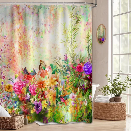 Miniatura 44 de Cortina de ducha floral para primavera y verano, flores silvestres, flores y mariposas, decoración de baño, tela impermeable con ganchos, 70