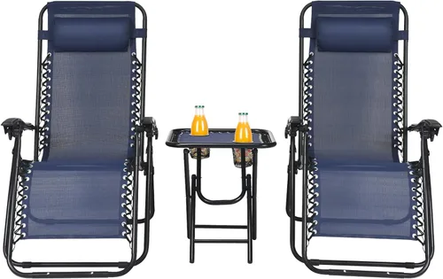 HAPPYGRILL Juego de sillas de salón Zero Gravity con mesa auxiliar, sillas reclinables plegables con mesa auxiliar y almohada, juego de 3 piezas