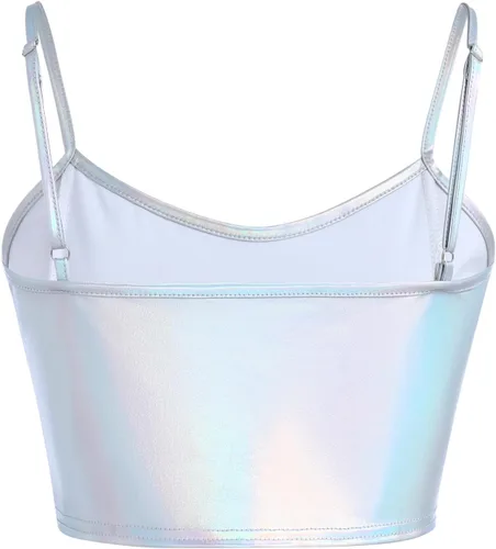 Miniatura 3 de Top corto holográfico metálico brillante con hombros descubiertos para mujer, blusa de tubo para rave, casual, sin tirantes, chaleco básico sexy