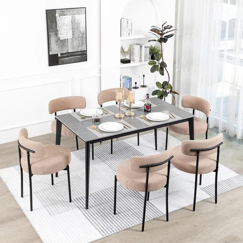 Miniatura 28 de DYHOME - Juego de 2 sillas de comedor de bouclé negro, sillas de cocina modernas de mediados de siglo con respaldo curvo y patas de metal, sillas