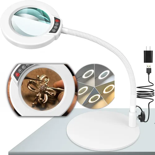 Miniatura 14 de Lupa de 10X con luz y soporte, lámpara de escritorio LED con 5 modos de color y atenuación sin escalones, lupa manos libres con cuello de ganso