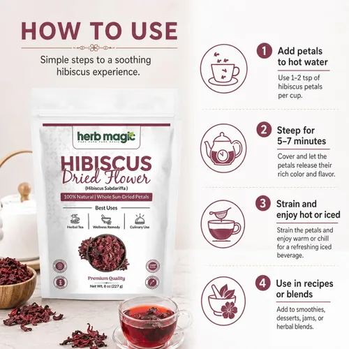 Miniatura 8 de Flores secas de hibisco perfectas para té y agua fresca mexicana, flor de jamaica, flores enteras y pétalos Herbmagic