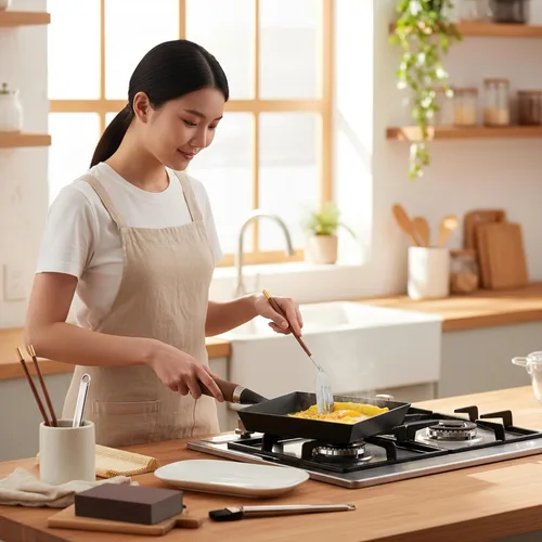 Miniatura 5 de Sartén japonesa Tamagoyaki de hierro fundido, pre-sazonada, tratada con nitrógeno líquido, no se oxida, lista para usar, mango de madera