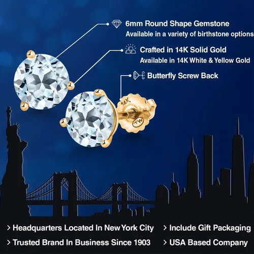 Miniatura 65 de Gem Stone King Aretes de Martini de oro amarillo de 14 quilates Aretes de tuerca de 3 puntas para mujeres y hombres Redondos de 0.236 pulgadas