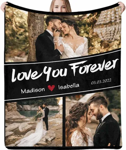 Miniatura 11 de Manta de fotos personalizada, manta de pareja de boda, con texto en inglés «He Asked And She Said Yes», 4 fotos, manta de boda, regalo romántico