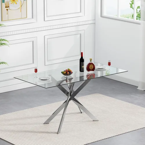 Miniatura 24 de SSLine Mesa de comedor moderna de cristal, rectangular de 51 pulgadas, color negro con patas de metal diseñadas en X para cocina y comedor