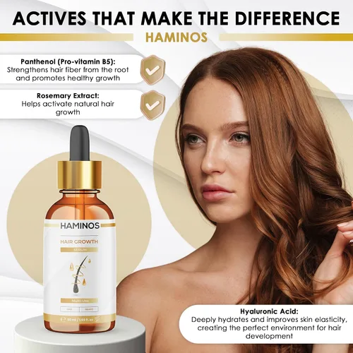 Miniatura 4 de HAMINOS Suero para el crecimiento del cabello con romero, ginseng, jengibre y péptidos, estimula y fortalece, anti pérdida de cabello
