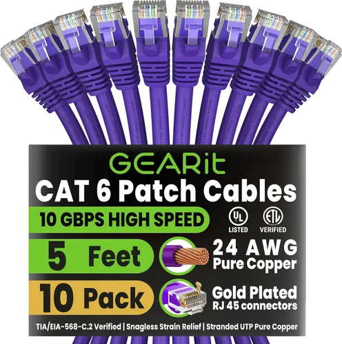 GEARit Cable de conexión Ethernet Cat 6 de 5 pies, color morado (paquete de 10), cables de conexión Cat6 de 5 pies, cable de conexión