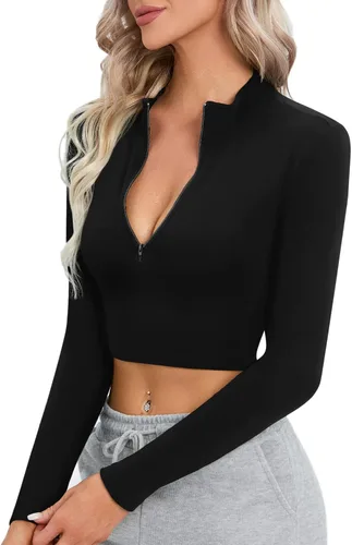 Miniatura 2 de CLOZOZ Camiseta corta de manga larga con forro polar para mujer, cuello alto falso para mujer, sexy, con cremallera, camisetas térmicas recortadas