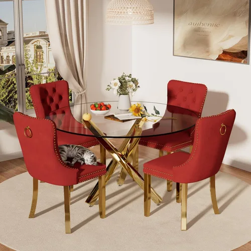 Miniatura 38 de Juego de mesa de comedor redonda de cristal moderno de mediados de siglo para 4, juego de vajilla circular de lujo plateado de 5 piezas, juego