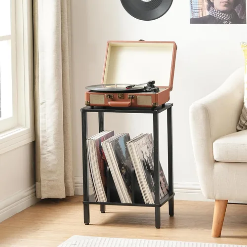 Miniatura 7 de HOOBRO BK05RS01 - Mesa auxiliar pequeña, soporte para tocadiscos de 2 niveles, soporte giratorio de vinilo con almacenamiento de hasta 100 álbumes