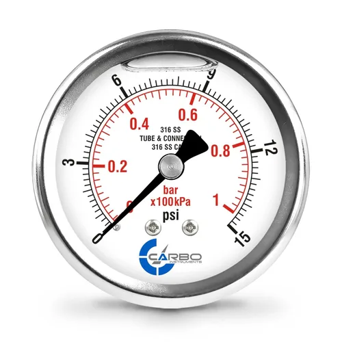 Miniatura 22 de Medidor de presión relleno de líquido de 300 PSI, dial de 2.5 pulgadas, montaje trasero 1/4 NPT, estuche 316 SS, 316 piezas mojadas SS, PSI/barra