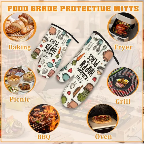 Miniatura 5 de Guantes de horno y soportes para ollas, The Kitchen is My Happy Place, resistentes al calor, guantes y soporte para ollas para decoración del hogar
