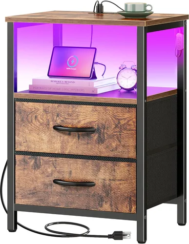 Miniatura 12 de Huuger - Mesita de noche con estación de carga y luces LED, mesita de noche con 2 cajones, mesa auxiliar de cama con estante abierto, mesa auxiliar