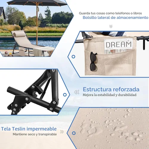 Miniatura 7 de Flamaker Silla Tumbona boca abajo ajustable de 5 posiciones para tomar el sol, silla de bronceado plegable con agujeros para la cara y los brazos