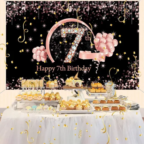 Miniatura 5 de Cartel de tela para decoración de cumpleaños número 7 para niñas, cartel de tela para fiesta de cumpleaños de niña de 7 años, fondo de foto negro
