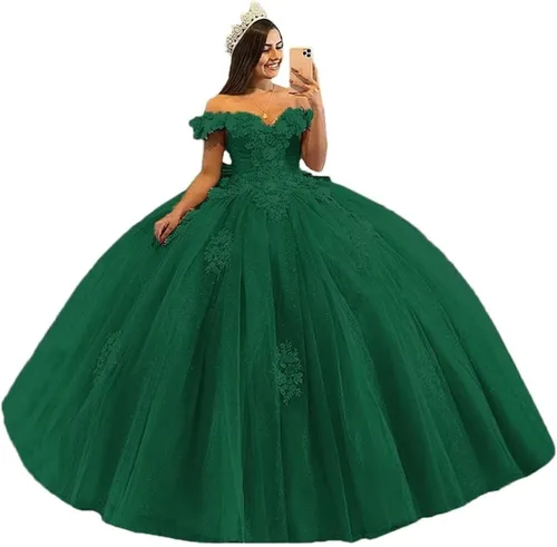 Youjiayi Vestidos de quinceañera con hombros descubiertos, vestido de baile floral 3D Sweet 15 16, vestidos hinchados de graduación con tren YJY77
