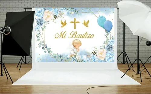 Miniatura 4 de Telón de fondo de bautismo, 7 x 5 pies, diseño de hojas de eucalipto florales azules y rosas, fondo de fotografía con tema de ángel, decoración