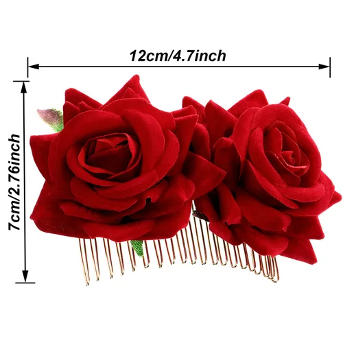 Miniatura 4 de Bememo Paquete de 2 pinzas para el pelo de rosas para mujer, peines laterales de rosas, flores flamencas, disfraces del Día de los Muertos, Rojo