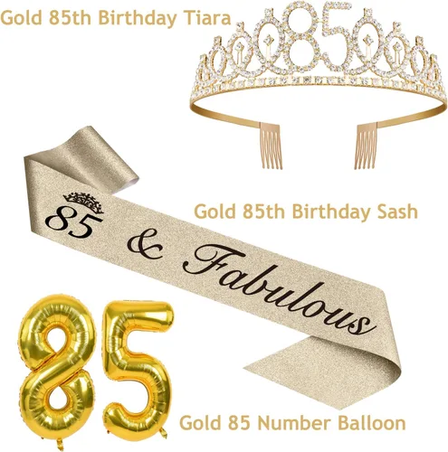 Miniatura 2 de Decoraciones de 85 cumpleaños para mujeres en oro con banda y tiara de 85 cumpleaños, adorno para pastel y velas, globos con números, regalos