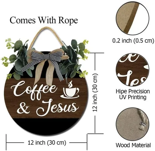 Miniatura 7 de Cartel de café y Jesús de madera rústica para cafetería, decoración de pared, decoración de pared, letrero colgante de madera para el hogar, Madera-1