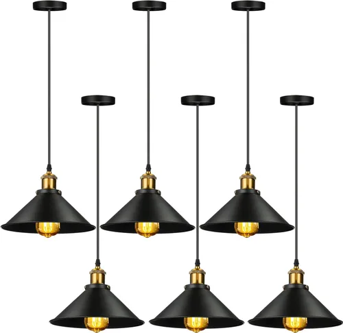 Retisee 6 lámparas colgantes industriales de metal vintage con base E26, lámpara colgante de cúpula rústica, lámpara colgante de casa de campo, Negro