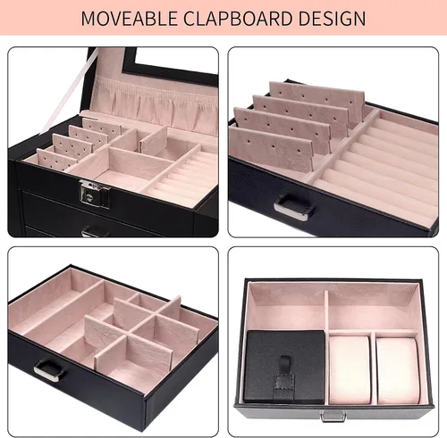 Miniatura 5 de FEIYAN Joyero organizador grande con estuche de viaje pequeño, caja negra de espejo de 6 capas con cajones para mujer