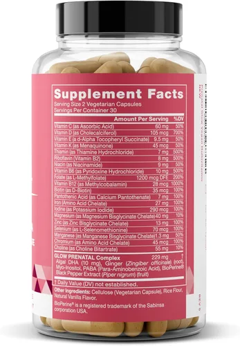 Miniatura 8 de Glow Vitaminas prenatales + folato & DHA – Multivitamínico para nutrir el embarazo, para bebés y mamá saludables – Ácido fólico, jengibre, zinc