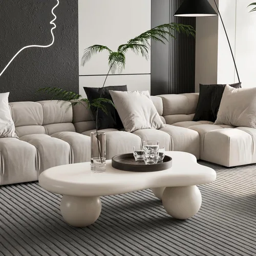 Miniatura 14 de Mesa de centro Cloud de 47.2 pulgadas con 3 patas de bola, moderna mesa central irregular para sala de estar, mesa de té pequeña baja y bonita