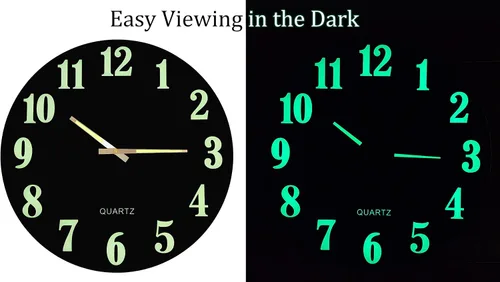 Miniatura 2 de Lulu Decor, Reloj de pared delgado de 18 pulgadas con esfera moderna de cristal negro, manecillas que brillan en la oscuridad y números arábigos