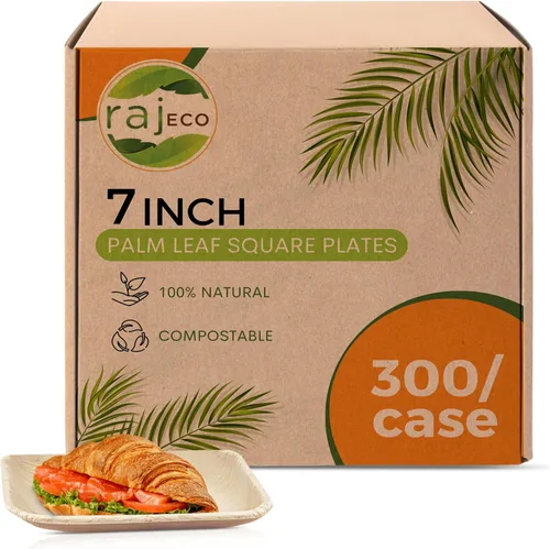Raj Platos de hoja de palma a granel [paquete de 50] platos cuadrados de 7 pulgadas (6 estuches, paquete de 300) como platos de bambú desechables,