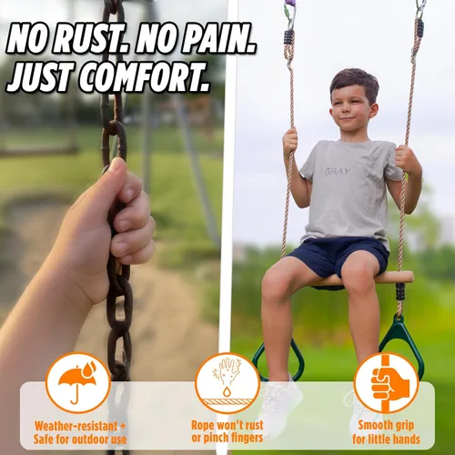 Miniatura 5 de Barra de trapecio de trapecio de madera para niños - 45,7 cm de altura ajustable Barras de mono con anillos de juego conjunto de columpio - Carrera