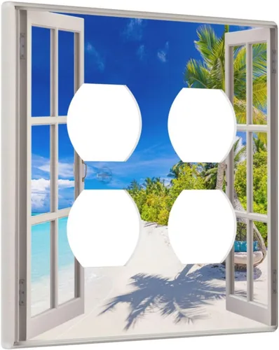 Miniatura 109 de Vista de ventana, isla tropical, playa, palmeras, cielo soleado, cubierta de interruptor de luz de palanca individual, placa decorativa de pared