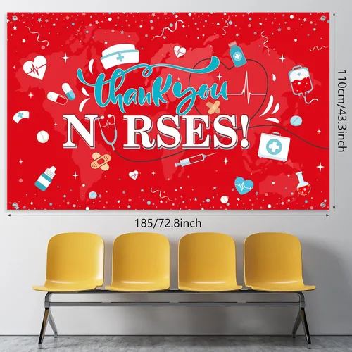 Miniatura 2 de Decoración de telón de fondo con texto en inglés "Thank You Nurs", tela grande 2026, Día Nacional de la Enfermera, fondo de cabina de fotos