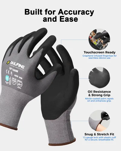 Miniatura 2 de DULFINE Safety Work Gloves for Men & Women, MicroFoam Nitrile Coated Nylon Black Grip for General Purpose, 3/6/12/36 Pairs Gris