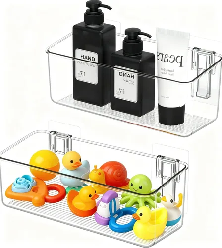 Organizador de almacenamiento adhesivo para montar en la pared, paquete de 2 unidades para almacenamiento de juguetes de baño, cocina, baño y Clear