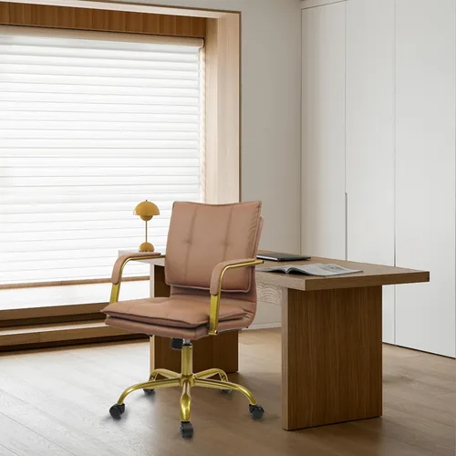Miniatura 9 de CLATINA Sillas de Escritorio de Cuero para Oficina en Casa, Silla Giratoria de Respaldo Medio para Computadora con Patas y Brazos Dorados, Cómoda