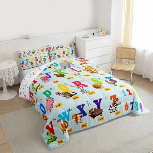 Miniatura 2 de jejeloiu Juego de edredón educativo para niños, tamaño King, juego de ropa de cama con números del alfabeto ABC para niños y niñas pequeños
