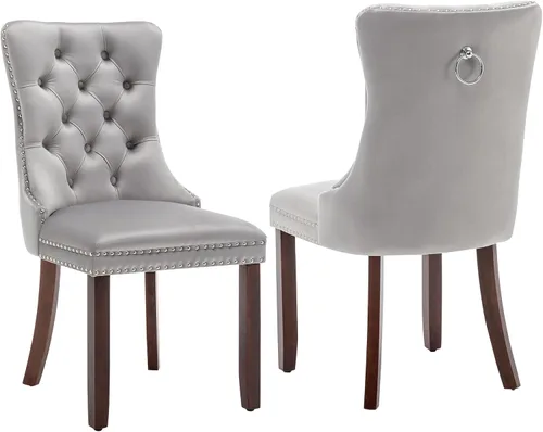 Miniatura 12 de Juego de 6 sillas de comedor de cuero, sillas de comedor tapizadas con ribete de cabeza de clavo y patas de madera maciza, silla auxiliar de comedor