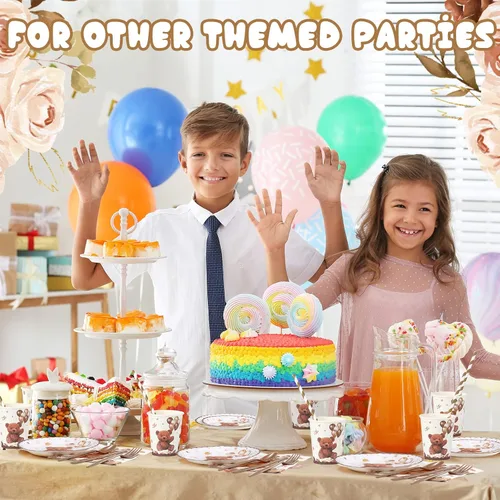 Miniatura 5 de Bokon 200 piezas de decoración de oso para baby shower para 25 invitados, platos de papel para baby shower, juegos de servilletas, suministros
