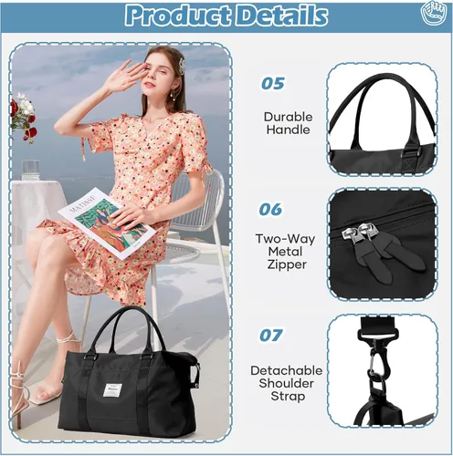 Miniatura 5 de Pequeña bolsa de gimnasio negra para mujer, elegante bolsa de viaje para avión, bolsa de lona ligera para mujeres y hombres, bolsa