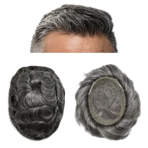 Miniatura 19 de French Lace Mens Toupee Sistema de cabello humano Toupee para hombres Pieza de cabello humano real invisible PU línea capilar natural protesis