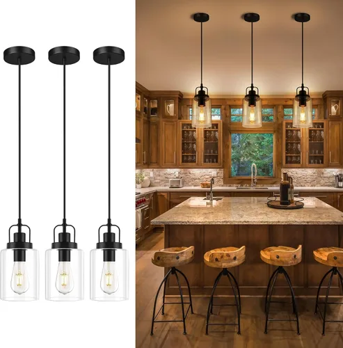 Miniatura 12 de Lámpara colgante de granja, luces colgantes rústicas negras para isla de cocina, iluminación de techo colgante industrial sobre mesa con pantalla