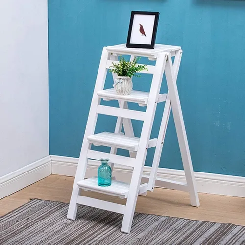 Miniatura 3 de Taburete de madera blanca con 4 peldaños antideslizantes para adultos y niños, silla de escalera plegable de madera portátil, ideal para el hogar