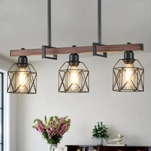 Lámpara colgante industrial vintage de 3 luces sobre mesa, luz colgante ajustable con acabado de nogal y marco de metal negro mate, base E26