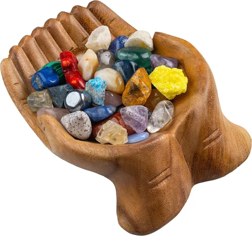 Tazón de Manos Talladas en Madera - Soporte de Cristal para Piedras, Soporte para Colección de Rocas, Bandeja de Almacenamiento para Exhibición de