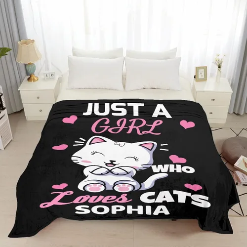 Miniatura 2 de Manta personalizada con texto en inglés «Just Girl Loves Cats», añade tu propio nombre, mantas de franela personalizadas para niños, perros y gatos